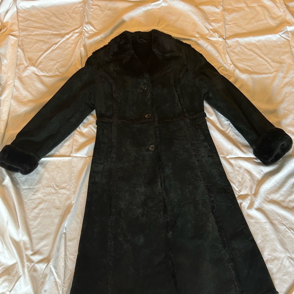 Black Plush Trench Coat Full-Length